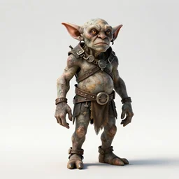 weathered goblin tinkerer, cinematic studio photo, full body, standing, isolated on a pure white background, centered, whole figure in frame, sharp focus, studio lighting