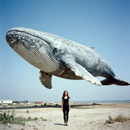 a woman standing in front of a giant hovering concrete whale 1950 retrofuturism a colorized photo flickr photo taken with provia photo taken with ektachrome movie still