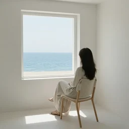 a woman sitting on chair in a white room in vanice, there is a window to the sea
