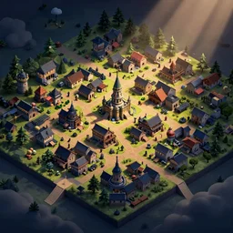 an isometric game map of a old country town at night, tactics rpg