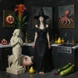 realistic painting of a witchy female artist's kitchen, black dripping walls, tall emo girl, stone sculpture, a pig, a pear, paintings on black walls, pomegranate, bromeliads, tusks, octopus, courgettes, berries, zen, sensual, surrealist painting by magritte and rousseau
