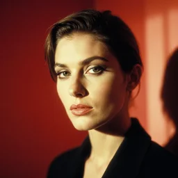 film photography from 7 0 s, close - up portrait of fashion model in red room, soft light, golden hour, in style of joel meyerowitz