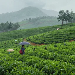 a beautifully rendered matte landscape painting of tea plantation, it is raining by andreas rocha and john howe and lee madgwick and pixar, 8 k, f 1 6, trending on artstation,