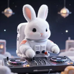 super cute fluffy white bunny rabbit astronaut in space DJing with DJ turntables, photoreal