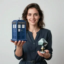 a woman holding up a small model of a tardis, a surrealist sculpture by matthew smith, trending on tumblr, context art, high definition, tesseract, photo
