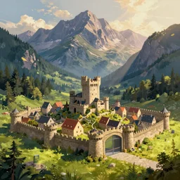 digital painting of a small castle town closed off by large metal gate, border, behind a forest, large mountains in back, detailed, concept art, high detail, warm lighting, godrays, vivid, beautiful, trending on artstation, by Jordan grimmer, huge scene, grass, art greg rutkowski
