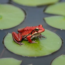photograph of a red frog on a lily pad in a swamp