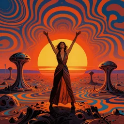 a woman standing triumphantly in an alien fractal landscape at sunset, psychedelic screenprint by victor moscoso and wes wilson, 6 0 s, 7 0 s, retro psychedelia, op art with big bold patterns
