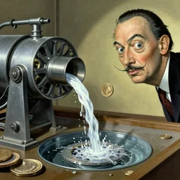 a stream of water entering an organic machine and producing a coin in the style of Dalí