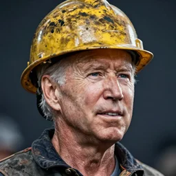 Joe Biden as a coal miner, high detail, portrait, close up, dirty, hard hat, smear, smudge, grit