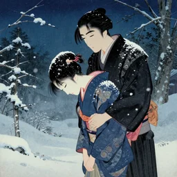 The Japanese ronin cuddled the kimono girl who bowed her head in the middle of the night, covered with snow,Ukiyo-e.