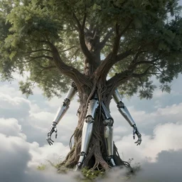 biomechanical arms and legs growing out of a tree, intricate details, finger branches, backlit, clouds, concept art
