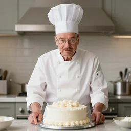walter white cooking a cake with chef hat
