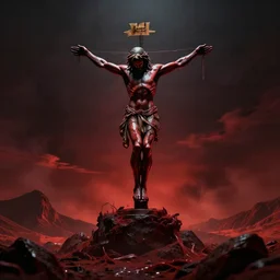the anti - christ rising from a red ocean. photograph from a horror movie.