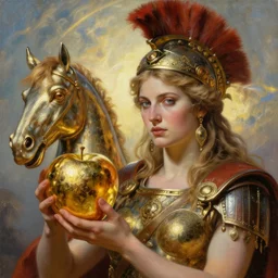 trojan war, trojan horse, closeup portrait of eris discordia, holding an reflective gold!!! metal apple, goddess of chaos, fantasy character portrait, ultra realistic, wide angle, intricate details, artifacts, luminous skies, michael cheval, peter mohrbacher, boris vallejo, jessica rossier, oil painting, highly detailed, cinematic lighting, unreal