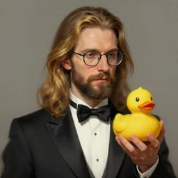 a german guy with very long dark - blonde! hair, with glasses and stubble! beard on a tuxedo holding a rubber duck!, trade offer meme, digital painting, concept art, matte, art by artgerm