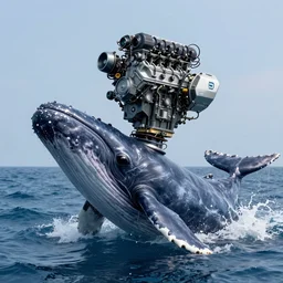 photograph of a cachalot whale with v 8 motor engine in his head, a cachalot and a diesel v 8 engine instead of his head in the ocean, long shot, by modern artist, in the style of cyberpunk, fantastic