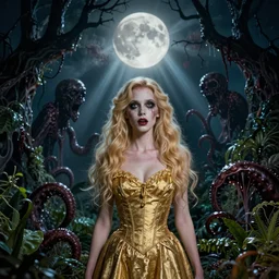 close macro shot portrait small blonde in golden cocktail dress looks scary, on arkham horror background at night, evil fluid, lush plants, insane, giant tentacles, lovecraft, full bloody moon, light rays, gnarly trees by tom bagshaw, mucha, gaston bussiere, craig mullins, j. c. leyendecker 8 k