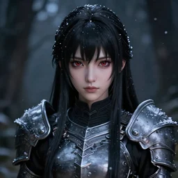 focus face portrait of beautiful darkness knight 3D anime girl, Armor wearing, dark forest background, snowing, bokeh, inspired by Masami Kurumada, digital painting, high contrast, unreal engine render, volumetric lighting, high détail