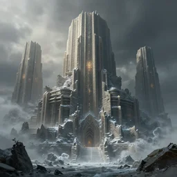 fantasy rendering of art deco brutalist city atlantis rising, torrent, maelstrom, chiseled formations, atmospheric, ambient, frost, matte painting