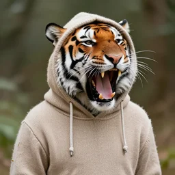 a yawning tiger wearing a hoodie knitted onto sweater