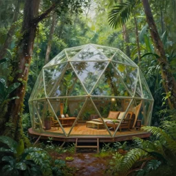 a beautiful painting the insides of a geodesic house in a moist tropical rainforest, by greg rutkowski, realism, artstation, nature