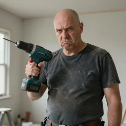 grumpy chunky bald dad with power drill instead of hand, home renovation, hyperrealistic digital art masterpiece, highly detailed neo pop surrealism, jason limon kay sage hannah yata, dramatic lighting, low angle, uhd 8 k, sharp focus
