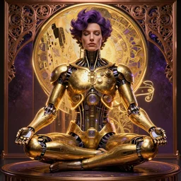 photo of a beautiful male meditating steampunk cyborg, is connected with glowing devices, golden glowing outlines, meaningful artwork by james jean, realistic gold and purple metallic, jean delville, art nouveau, gustav klimt, ornate copper patina gothic icon, james jean, ultrasharp hyperdetailed photorealistic octane render