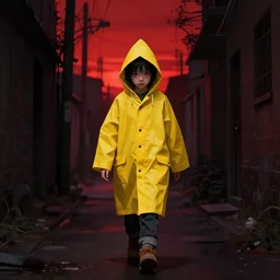 A kid wearing a yellow raincoat walking thru a dark alley, red sky, sunset, eerie, scary, digital art made by Stanley Artgerm Lau, WLOP, Rossdraws, James Jean, Andrei Riabovitchev, Marc Simonetti, Yoshitaka Amano, ArtStation, CGSociety