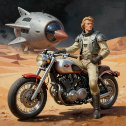 moebius and ralph mcquarrie retro classic motorbike motorcycle futuristic sci - fi painting, rocketeer star wars dune, the incal