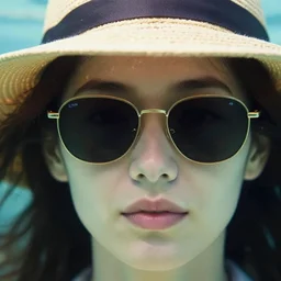 extreme close up face women portrait, hat on top of head, wearing sunglasses, under water, 8 k, art station, greg rutkowski, alphonse mucha, roger deakins, wlop
