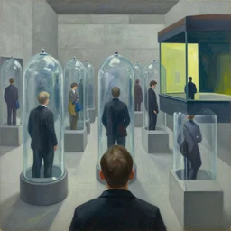 first person view of a stark concrete maze, people in glass vacuum tubes, grant wood, pj crook, edward hopper, oil on canvas