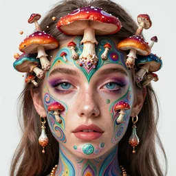 A girl having an extremely colorful psychedelic experience, magic mushrooms, psilocybin, face, detailed, intricate, elegant, highly detailed, digital painting, artstation, concept art, smooth, sharp focus, illustration, art by Krenz Cushart and Artem Demura and alphonse mucha