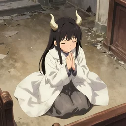 cute japanese girl with small horns, dressed in an old white coat, praying on the floor of a destroyed church, with an elegant smile, view from above, detailed artwork by Yoji Shinkawa
