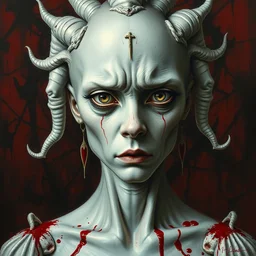 a hyper realistic portrait of a albino queen from hell, detailed hellish background, eyes full of sorrow, bored expression, beautiful symmetrical face, award winning painting, brush splashes of blood, artwork by chiara bautista and beksinski and norman rockwell and greg rutkowski, tom bagshaw weta studio, and lucasfilm