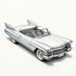 a color pencil product design drawing of a 5 0 s flying cadillac car model with wings