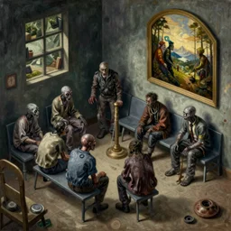 zombies waiting in a waiting room, eerie, liminal, isometric, by craig mullins, by mattias adolfsson, by hieronymus bosch, oil on canvas,