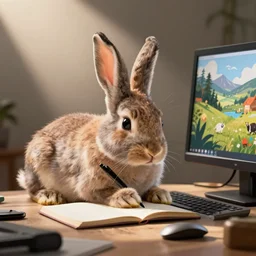 a cute rabbit writing on a desktop, Richard Scarry