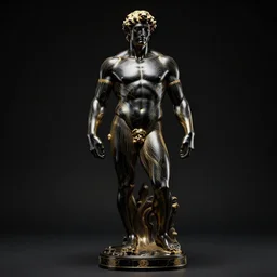 stylized onyx black gold lines dark severe lighting ornate statue full body made of marble of titan atlas, perfect symmetrical body, perfect symmetrical face, hyper realistic, hyper detailed, by johannen voss, by michelangelo, octane render, blender, 8 k, displayed in pitch black studio room