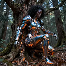 hyperrealistic post-maximalist super expressive! black woman with exoskeleton armor, merging with tree in a forest, highly detailed digital art masterpiece smooth cam de leon hannah yata dramatic pearlescent blue orange light ground angle hd 8k sharp focus