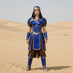 full body photo of a female warrior wearing lapis lazuli armor