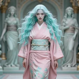 dreamlike luxury stunning gorgeous full body woman fairy, pale turquoise and dust pink kimono long wavy hair windy, art by artgerm, wlop, loish, ilya kuvshinov, 8 k hyperrealistic, hyperdetailed, beautiful lighting, detailed background, depth of field, symmetrical face, frostbite 3 engine, cryengine,