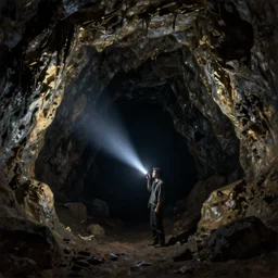 A beautiful painting of a lone man with weak flashlight in huge dark underground cave