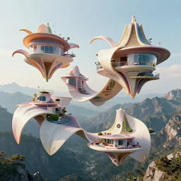 hyperrealistic abstract close-up psychedelic!! Frank Wright's architecture turns into biotech Zarhi Khalid's architecture!!! in the form of a mobius strip on a mountain landscape!!! parts of the house hang as consoles in the form of lily petals, octane render, hd