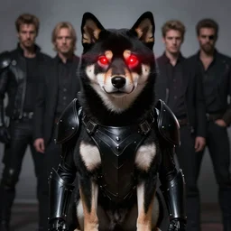 berserk black armor, anthropomorphic shiba inu, shiba inu full body portrait, red laser eyes, masterpiece, glowing bright red neon eyes, by donato giancola and greg rutkowski and wayne barlow and zdzisław beksinski, realistic face