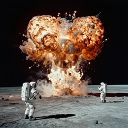 a micro black hole impacting the moon with a massive explosion, astronauts in foreground, 35mm photography, taken by an astronaut on the ground