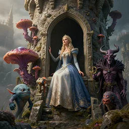 by artgerm and agostino arrivabene, visually stunning, cinematic, ultra realistic, hyper realism, epic, octane render, unreal engine, vfx, maya, a princess in a tower waiting for her prince, fungal enchanter, murloc tinyfin, dread infernal, wee whelp, battle ram
