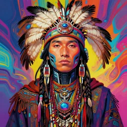 colorful portrait of a futuristic native american indigenous hippie with cybernetics | highly detailed | very intricate | symmetrical | professional model | cinematic lighting | award - winning | painted by rossdraws and wlop and artgerm | pan futurism, dystopian, bold psychedelic colors, cyberpunk, anime aesthestic | featured on artstation
