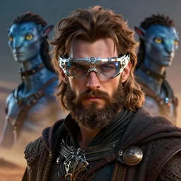 ! dream detailed portrait of handsome young bearded jewish mage - alien - borg - wizard - elf with messy brown hair wearing futuristic intricate chrome high tech ar glasses, michael whelan and peter andrew jones, artgerm, uhd, particles, hybrid of dune ( 1 9 8 4 ), and avatar ( 2 0 0 9 ). rendered in octane then in cryengine, cgsociety, wow