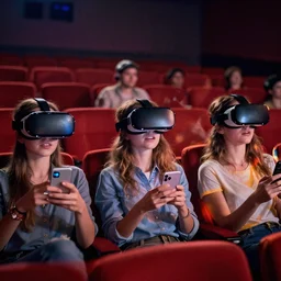 1 9 0 0 s photo of people using iphones ipods virtual reality headsets vr in a movie theater double exposure masterpiece